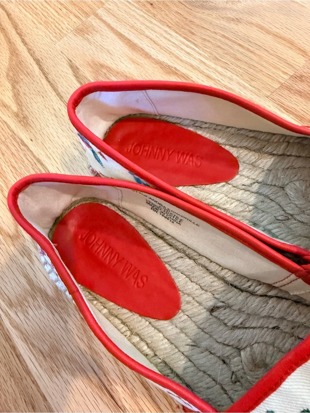 Johnny Was Andra Floral Embroidered Espadrilles in Cream and Red Trim